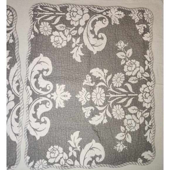 Home Classics Damask Floral Gray White Pillow Shams 20X26 In Wavy Striped Border - Picture 3 of 9